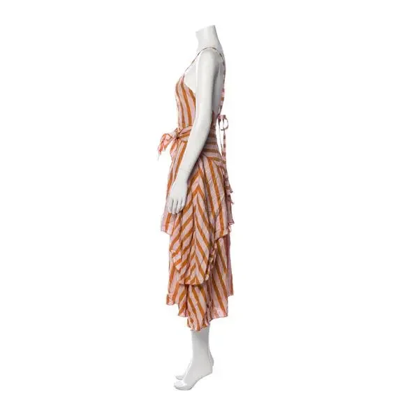 B51 Posse Striped Linen Midi Dress XS Layered Tie Waist Resort Flowy Cruise - Picture 4 of 10